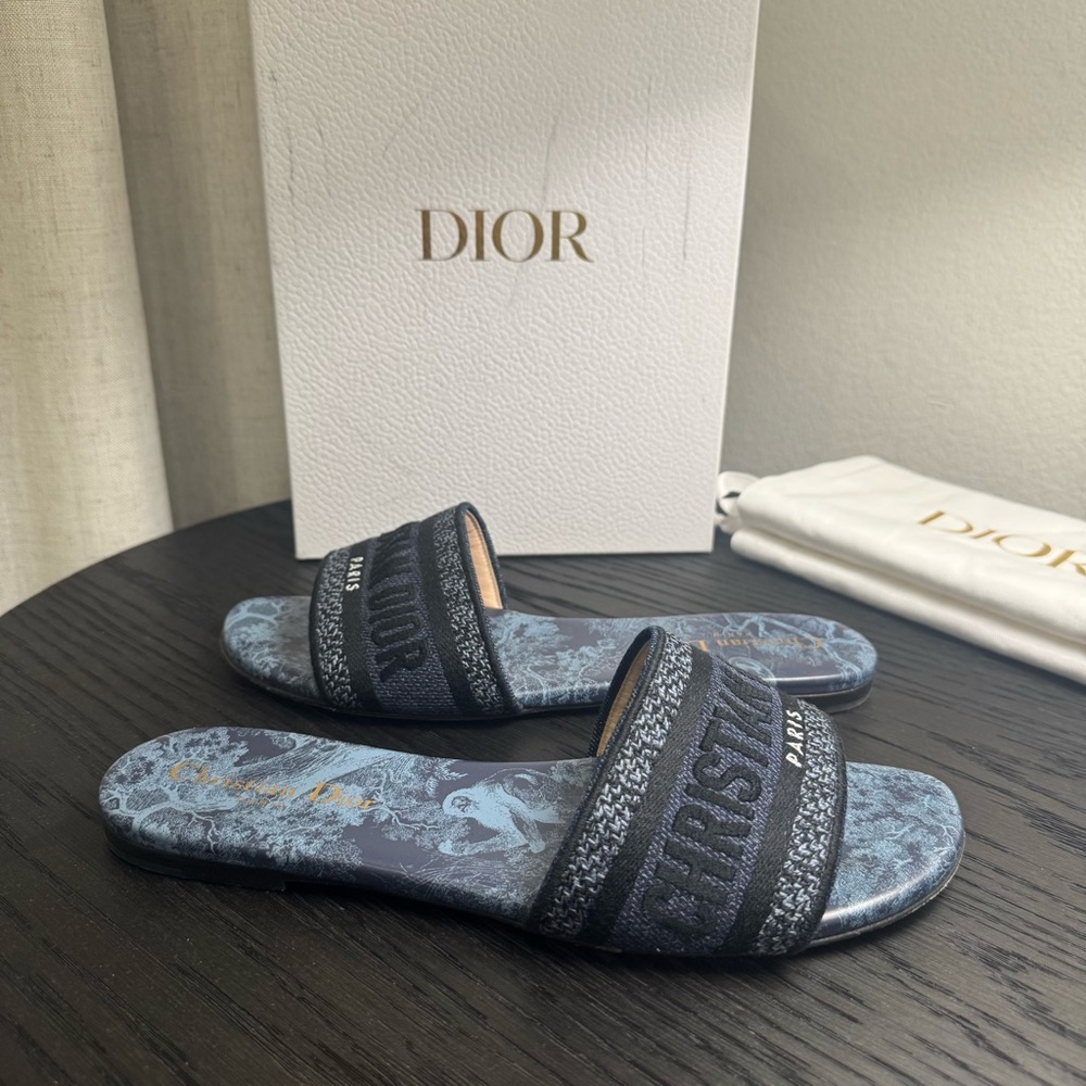Christian Dior Dway Slide Sandal Embroidered Logo Blue 38.5 - Picture 3 of 8